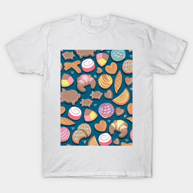 Mexican Sweet Bakery Frenzy // pattern // turquoise background pastel colors pan dulce T-Shirt by SelmaCardoso